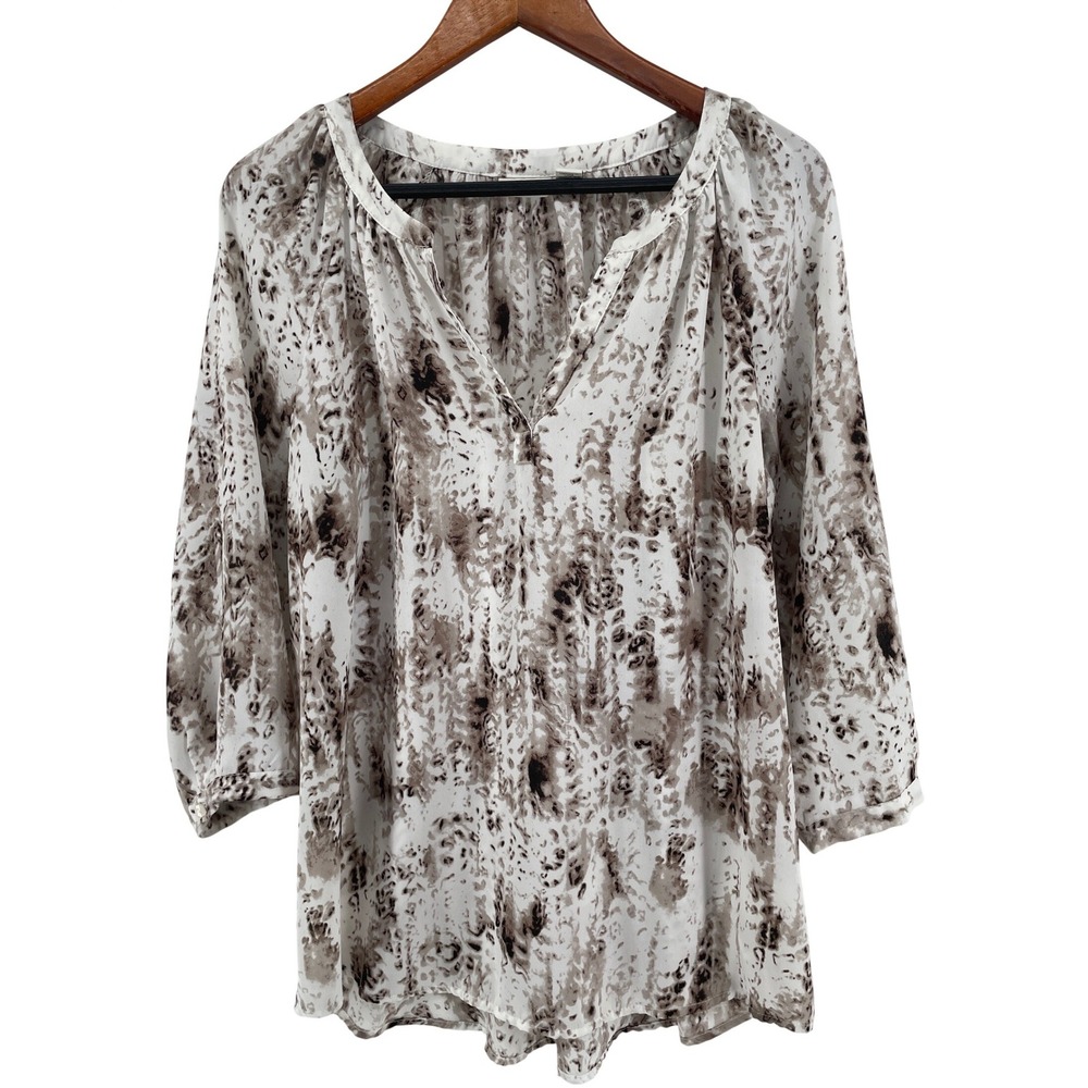 Artsy Top Womens Large White Brown Abstract Boho Peasant Office Career Blouse‎